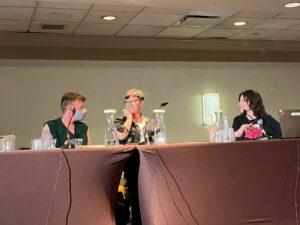 From left to right, ND Stevenson, Molly Knox Ostertag and moderator Sara Munson delighting the audience and each other at Flame Con 2024