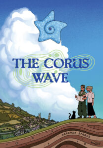 two peole and a cat look out over a landscape on the cover of the corus wave. 