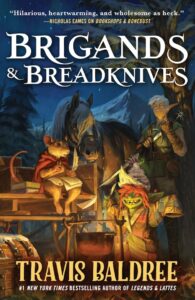 Characters of various fantasy races are illuminated by campfire light on the cover of brigands and breadknives by Travis Baldree