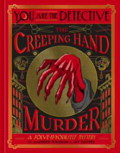 the cover of the creeping hand murder shows a spooky hand in red surrounded by the title