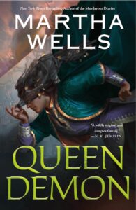 on the cover of queen demon by martha wells, a figure in a hat and jewel toned clothing looks left
