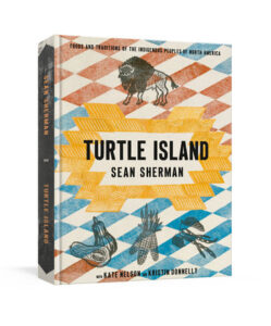 The cover of Turtle Island by Sean Sherman and others has a colorful graphic pattern with pictures of foods native to north america seemingly stamped on top 