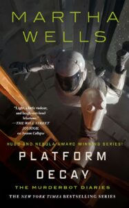 someone in armor floats on the cover of platform decay by martha wells 