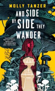 the cover of and side by side they wander by molly tanzer has a person in silhoutte against a backdrop of mushrooms 