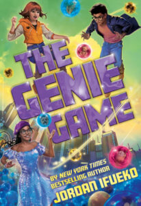 Three teens smile in a magical bubbly atmosphere on the cover of the genie game by Jordan Ifueko