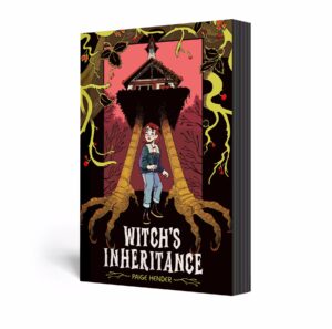 a young woman stands uder a hut with chicken legs in the cover of witch's inheritence by paige hender