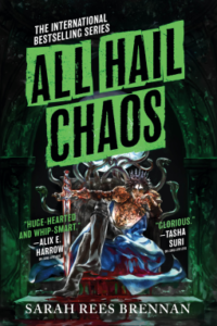 on the cover of all hail chaos by sarah rees brennan, the emperor reclines topless on a throne of snakes