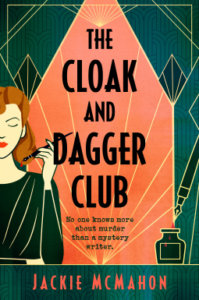 on the cover of cloak and dagger club by jackie mcmahon, the title is framed by art deco lines as a woman looks down